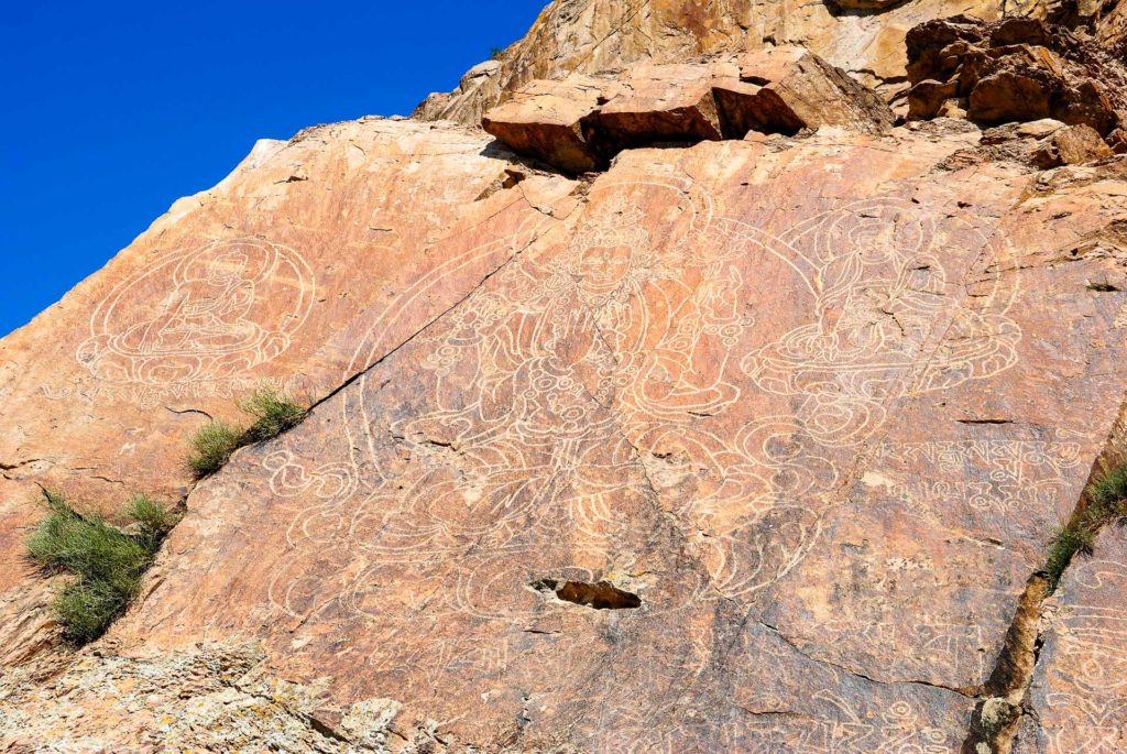Buddhist rock drawings from 15th century at Tamgaly-Tas on Ili River in Kazakhstan