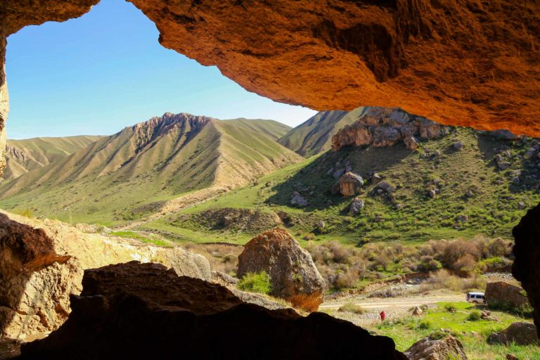 A view of the Talas valley from inside a cave in Kyrgyzstan