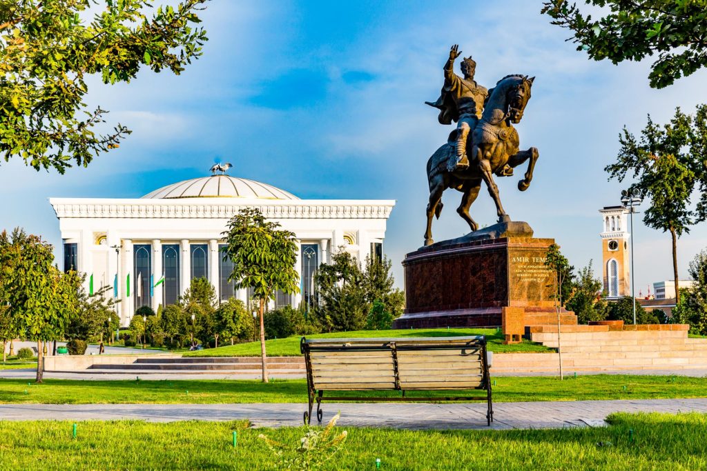 Statue of the 14th century Uzbek leader Tamerlane stands on Amir Timur maydoni, a square in the center of Tashkent, Uzbekistan.