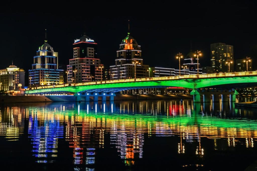 Nursultan night lights on a bridge