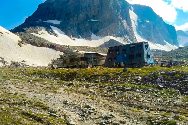 Ala Archa upper ski base is abandoned next to peaks and glaciers