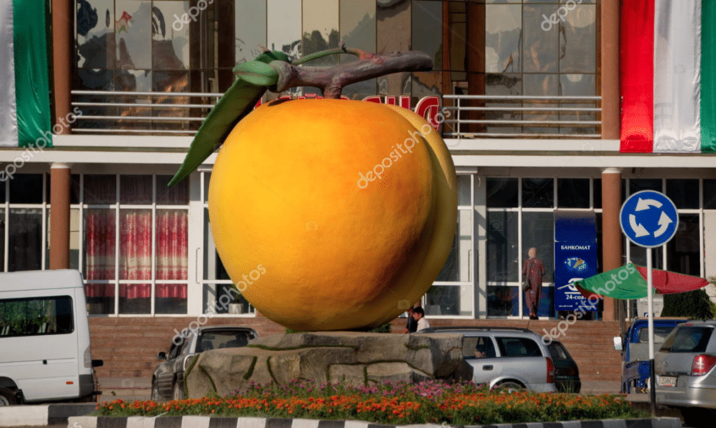 statue of a giant apricot in Isfara town, Tajikistan