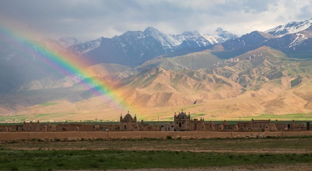 Rainbow over the kyrgyz cemeteries, Naryn region
