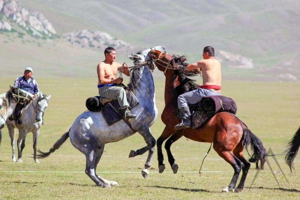 Oodarysh is a horseback wrestling game played in Kyrgyzstan