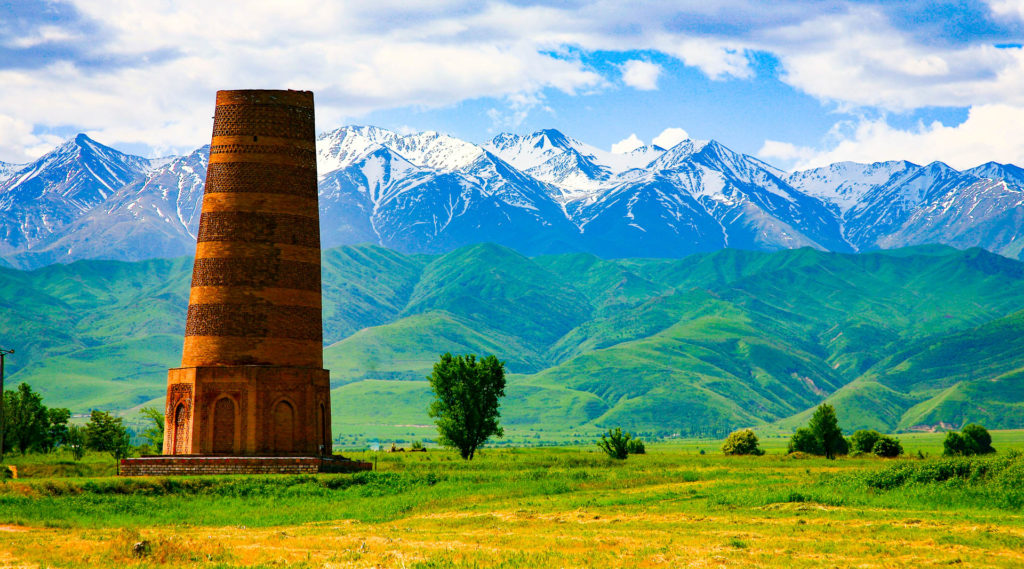 The Burana Tower in the Chuy Valley at northern of the country's capital Bishkek, Kyrgyzstan