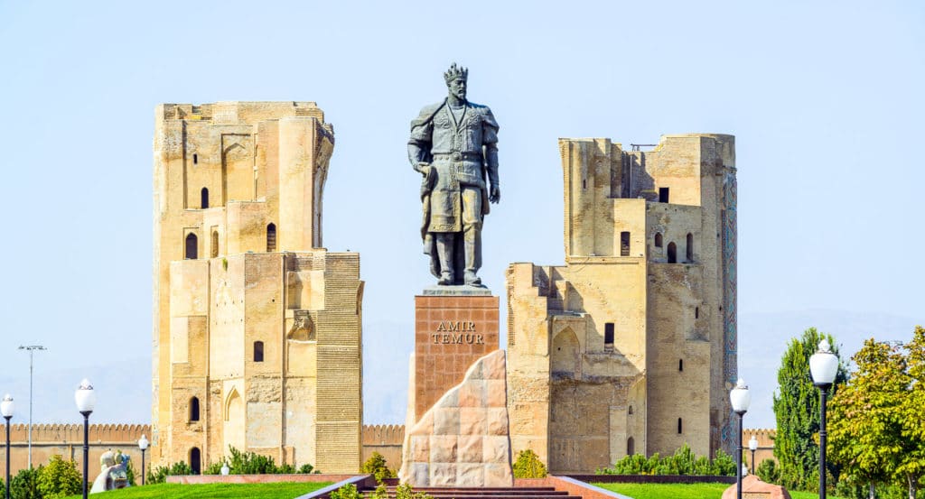 Ruins of Ak Saray palace and the statue of Amir Temur in Shahrisabz Uzbekistan