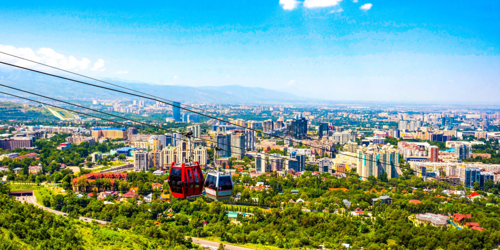 View over Almaty skyline and cable car, Kok Tobe, Kazakhstan