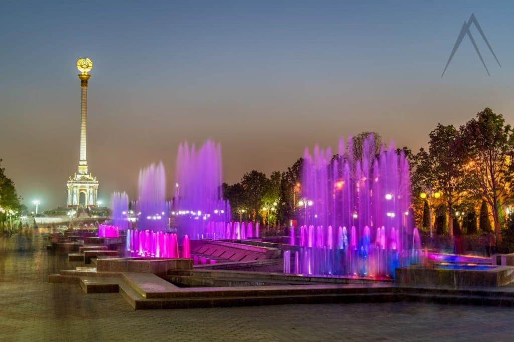 Colorful fountains in Dushanbe during night time