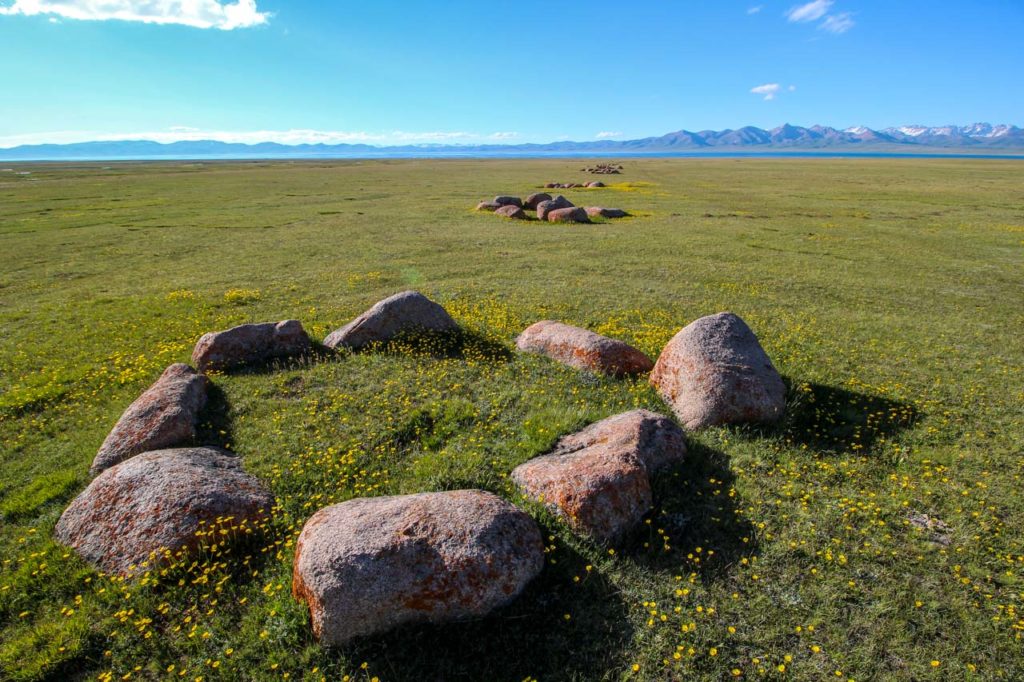 Ancient stone circles, Son Kul lake, Kyrgyzstan
