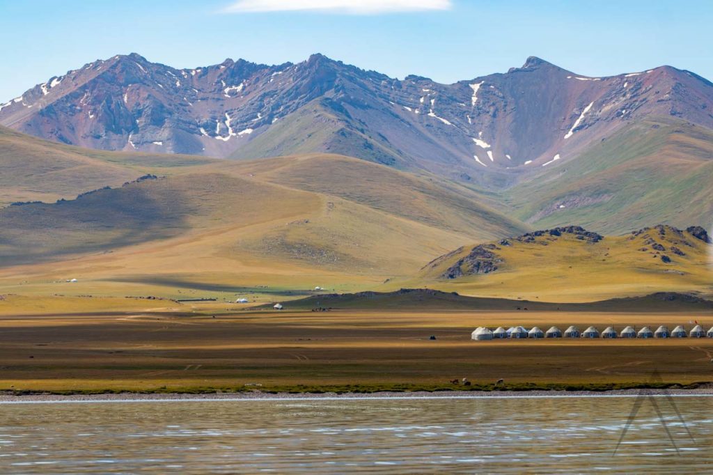 Son Kul lake with yurts and mountains in the background