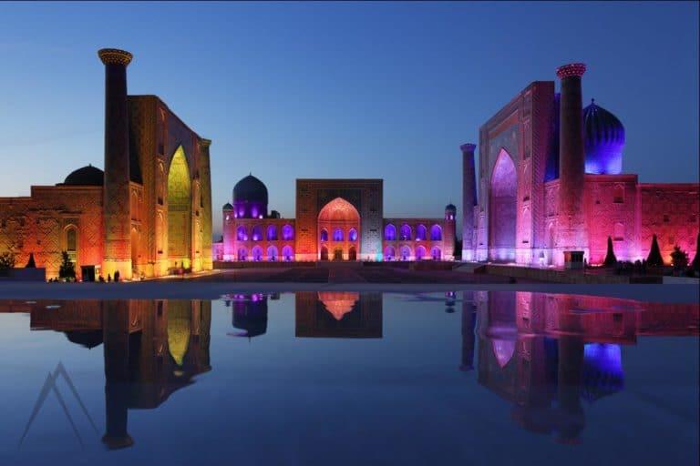 Samarkand registan in night lightning