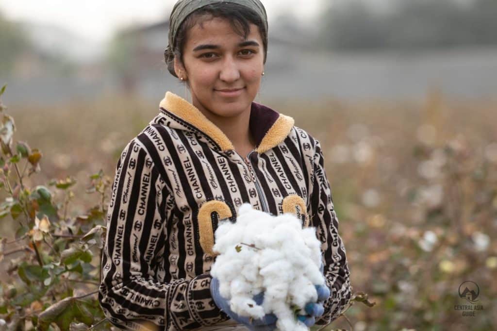 Girl with cotton in her hands in Fergana Valley