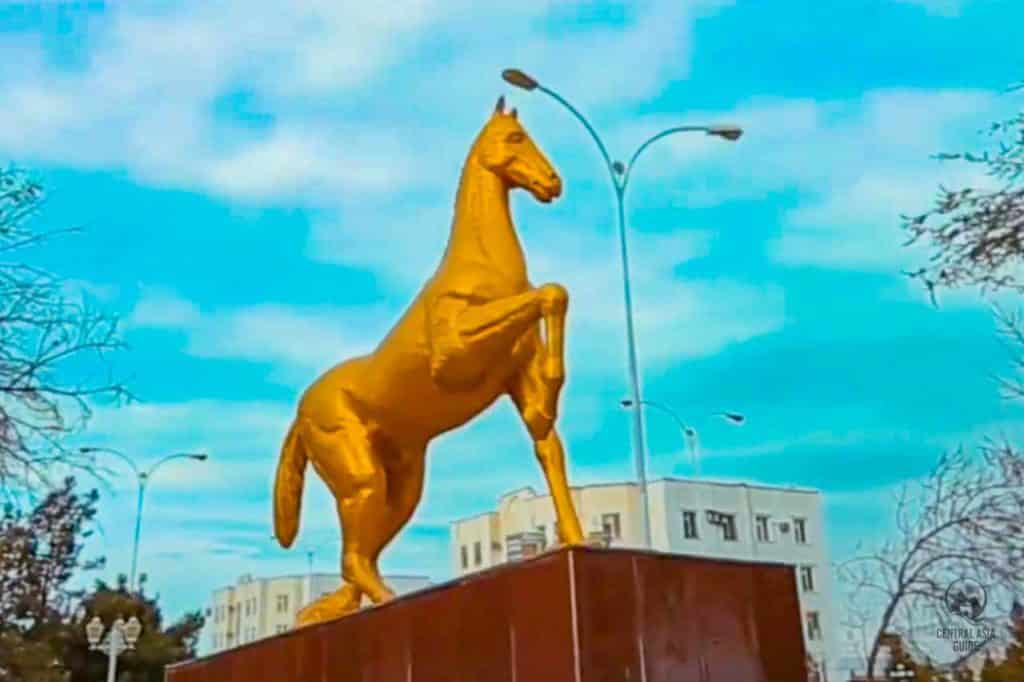 Golden horse statue in Turkmenabat, Turkmenistan