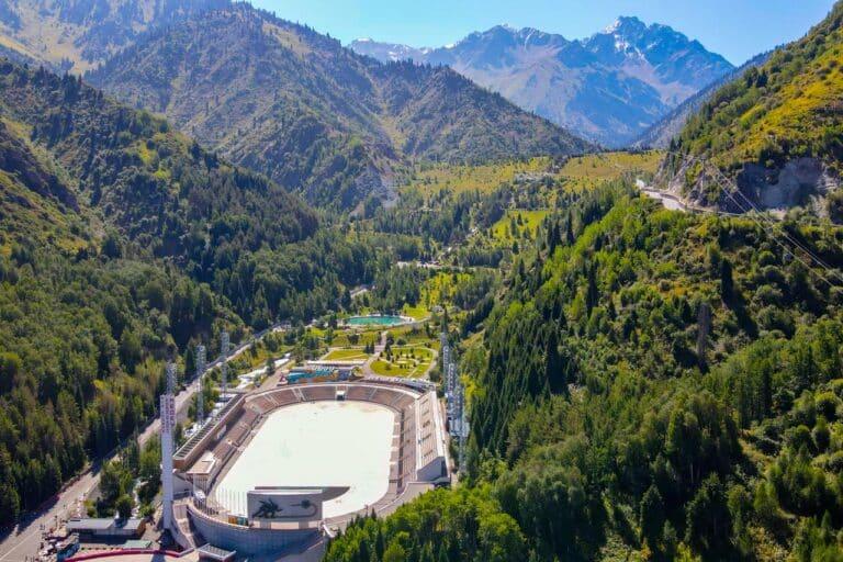 Medeo ice skating rink in a beautiful mountain valley near Almaty