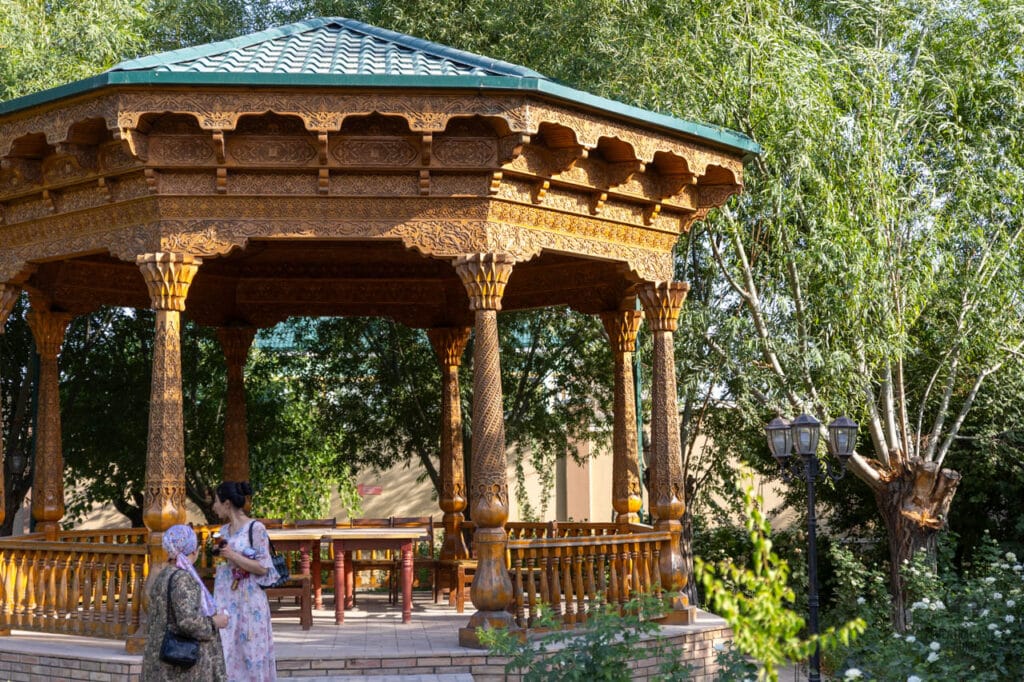 Wood carvings in a park in the Kamoli Khujand house museum