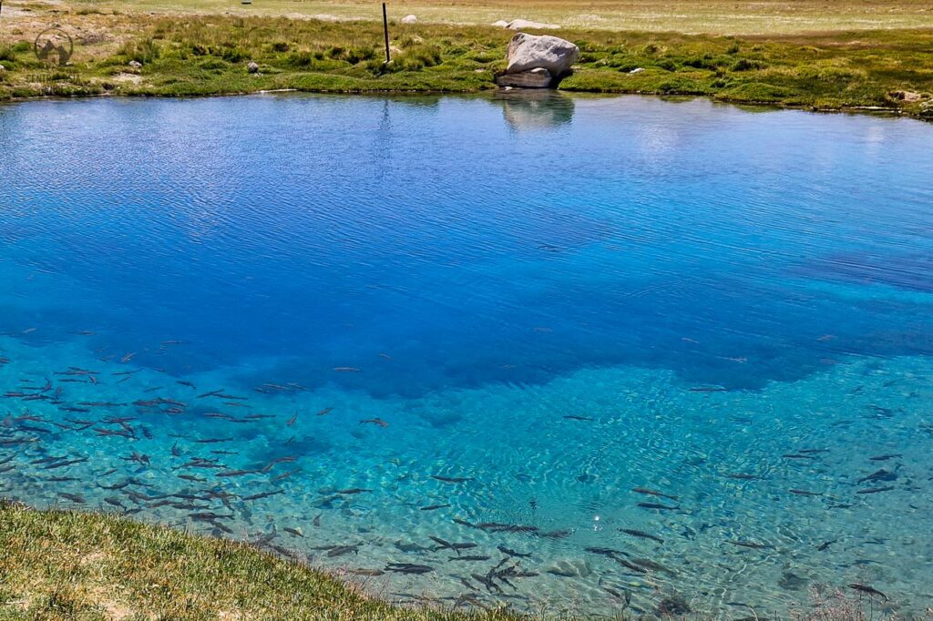 Un lago sacro lungo il Pamir dal colore azzurro. Il lago riceve l'acqua da una sorgente