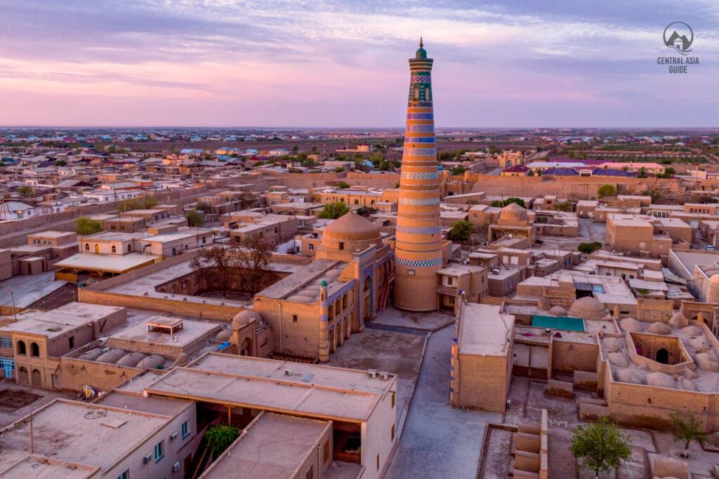 Drone view over Khiva during sunset