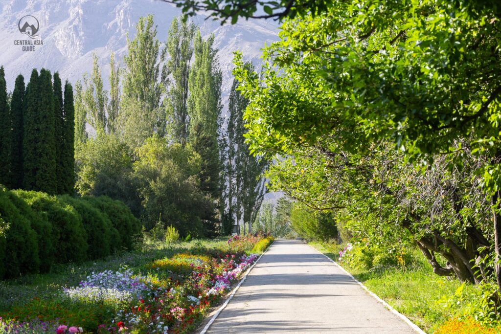 A path with flowers in Khorog botanical garden