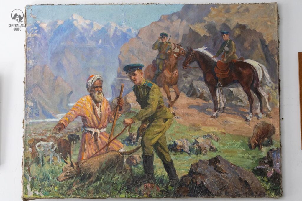 A painting of Pamiris and Soviet soldiers working together