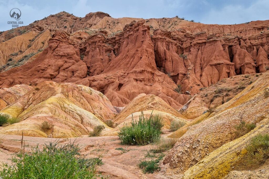 Skazka canyon colorsful rock formations with reddish, orange and yellow colors