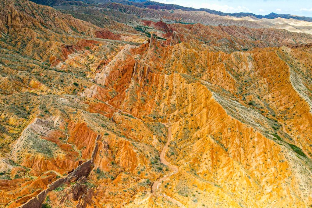 Skazka fairytale valley near Issyk Kul from drone