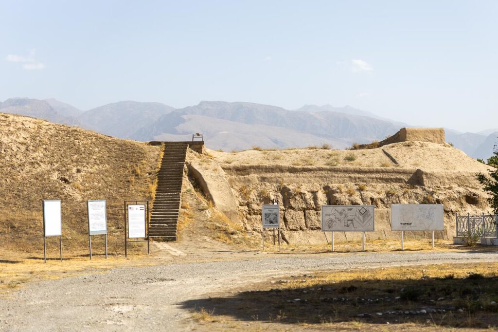 Entrance to the ancient panjikent city with info tables