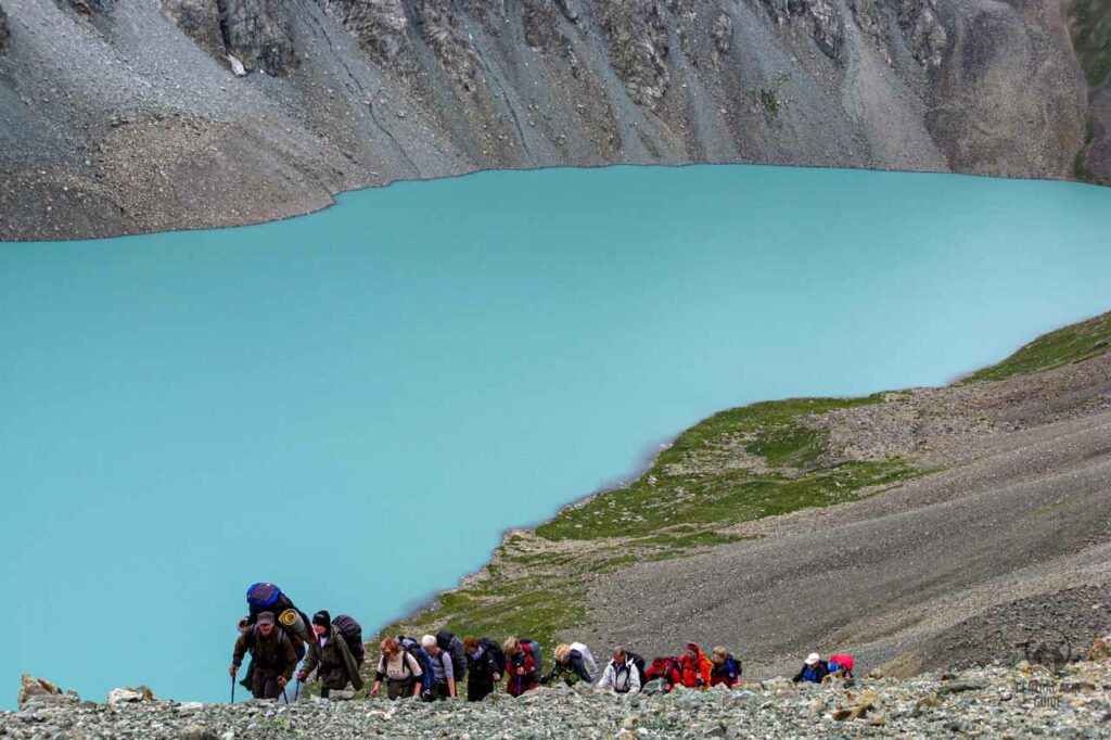 Kyrgyzstan mountain trek tour to Tien Shan mountains Ala-Kul lake.