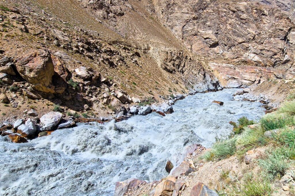 Pyanj river flowing wildly between Afghanistan and Tajikistan