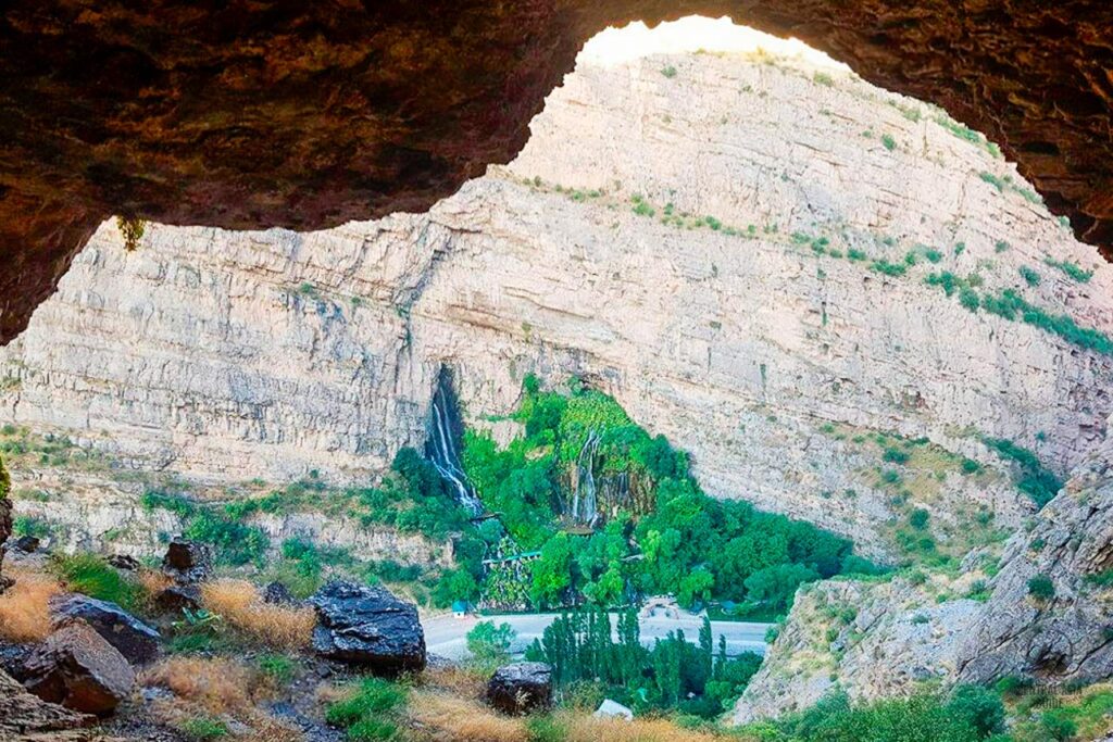 Sangardak waterfall view from a cave