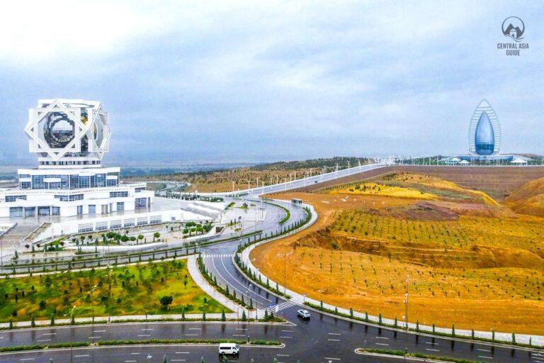 Aerial view of the Wedding Palace and Yyldyz Hotel in Ashgabat, Turkmenistan.