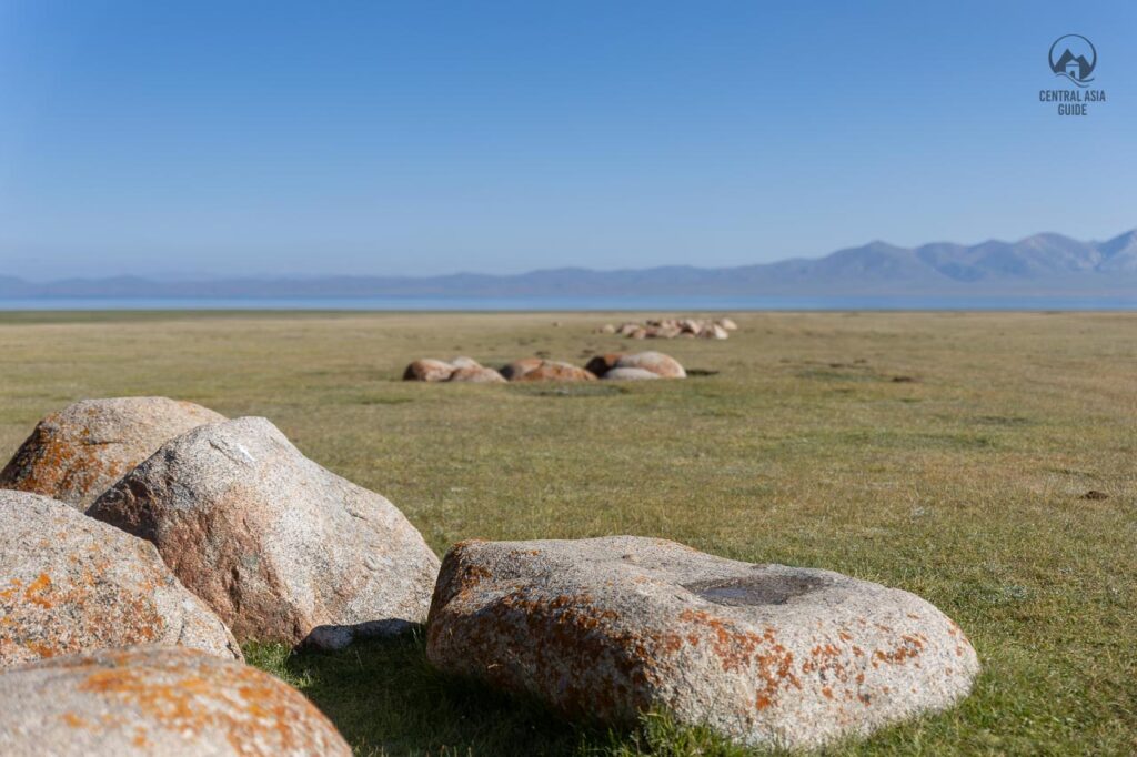 Ancient stone formations made by the nomads of the past at Song Kul lake