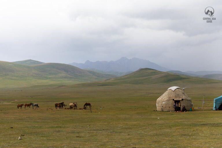 Nomad family living in a yurt in Song Kul lake, Kyrgyzstan