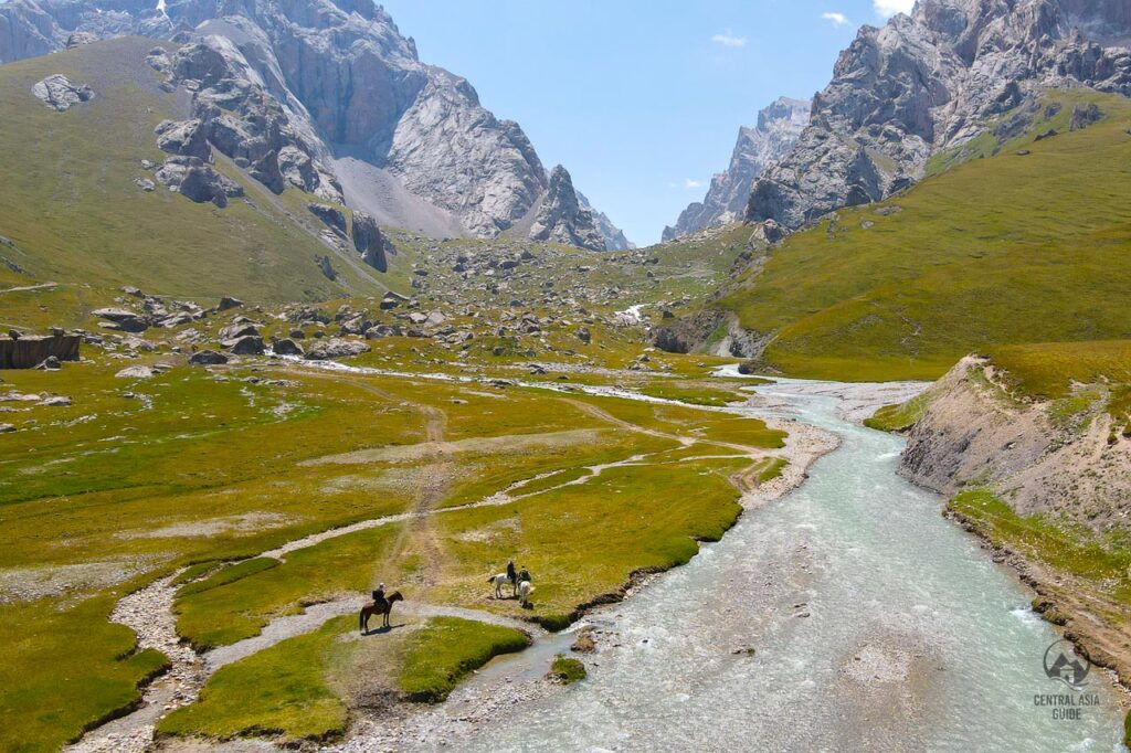 Riding to Kel Suu and crossing a river on the way