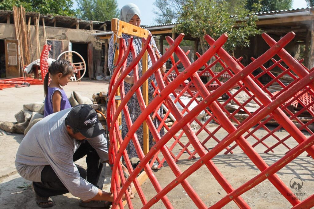 Kyrgyz family building a yurt for performance in Issyk Kul