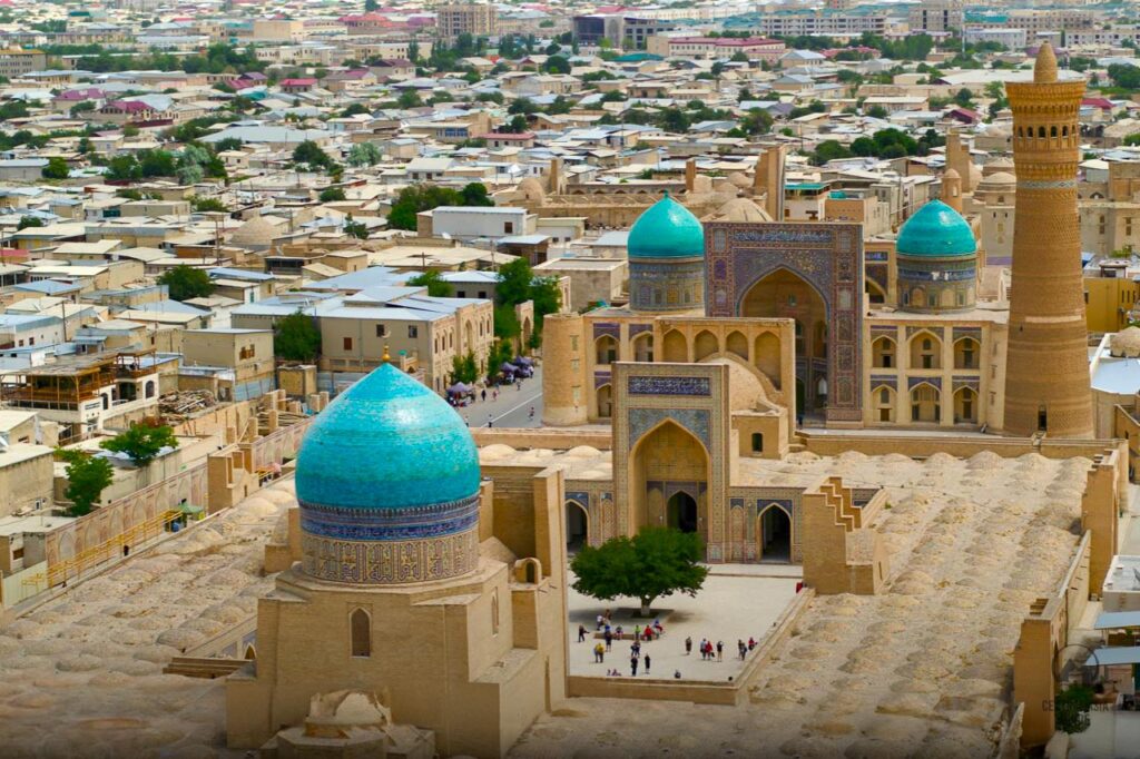 Great view of Po i Kalyan complex in Bukhara from a drone